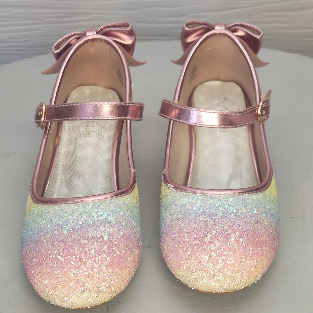 Annie Girls Size 3 Sparkly Shoes Mini Heels Bows Purple Pink Easter Spring